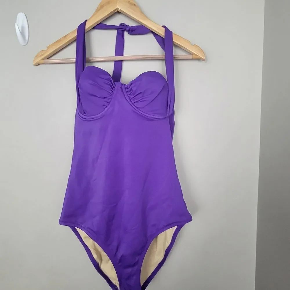 J Crew Underwire one piece swimsuit 29850 Purple Halter Top Size 6